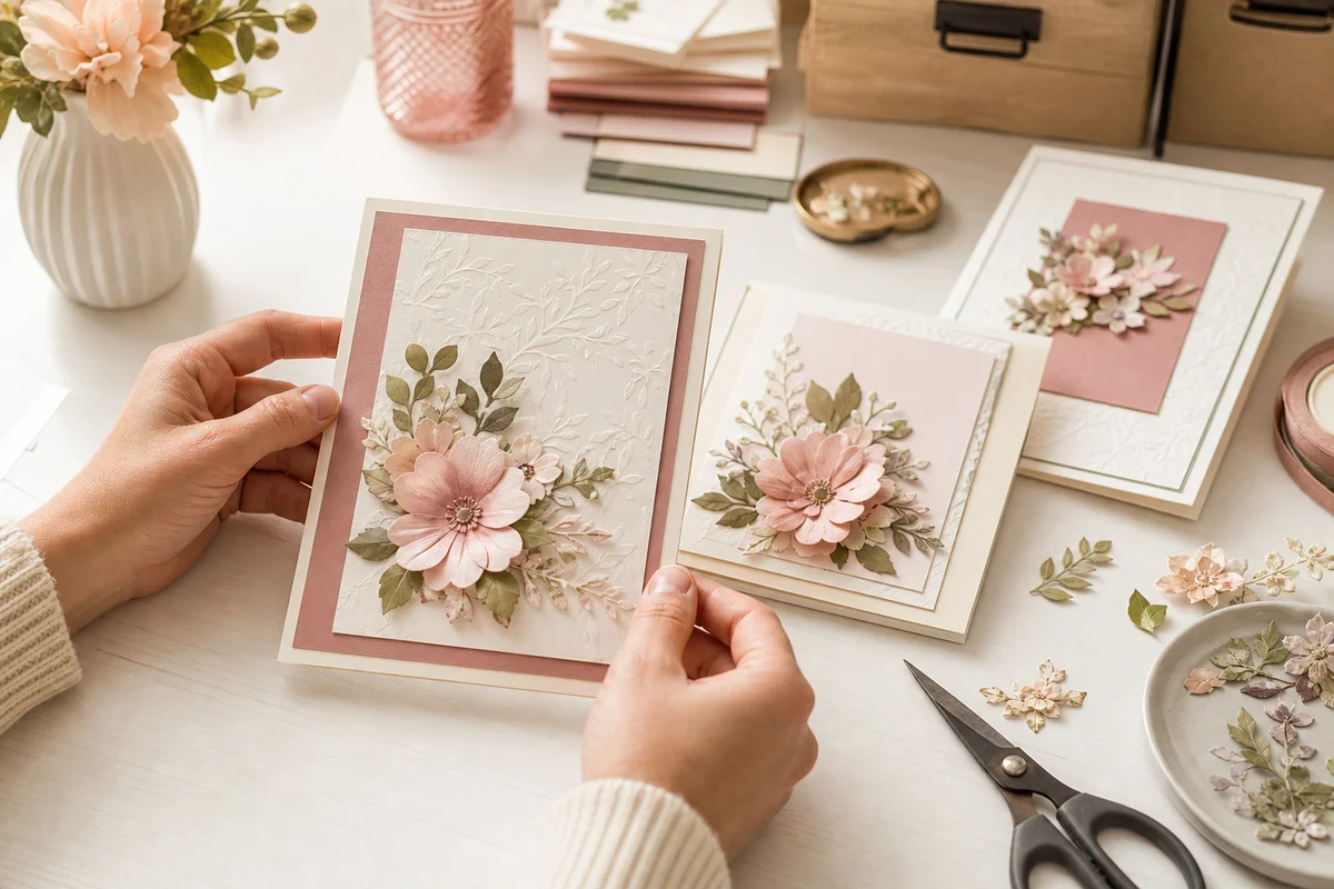 Crafter assembling a handmade card with Park Lane cardstock and die cuts